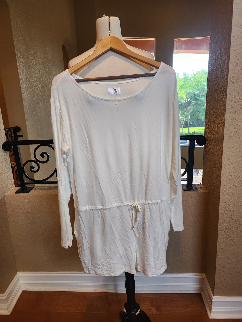 Casual Drawstring Waist Long Sleeve Romper - White